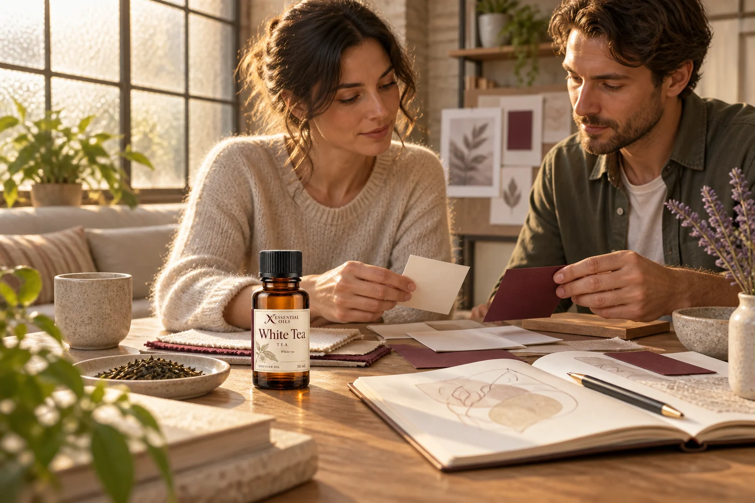 People arranging fragrance and packaging ideas around an oak studio table.