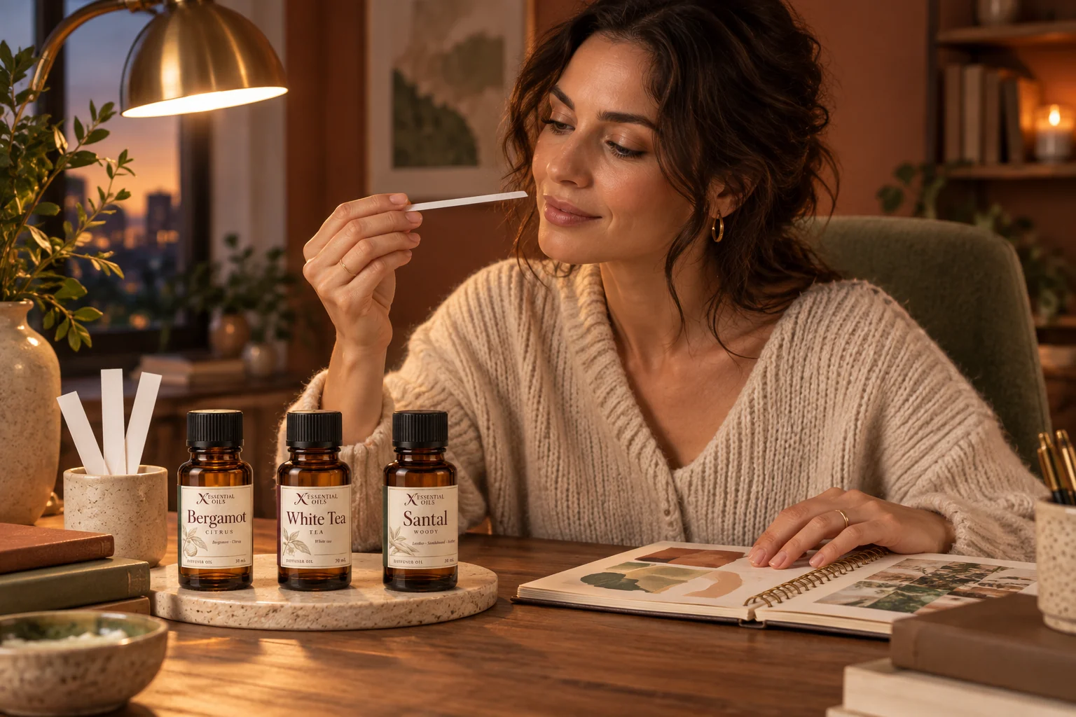 Personal fragrance selection with labelled Bergamot, White Tea and Santal bottles, blotters and a journal.