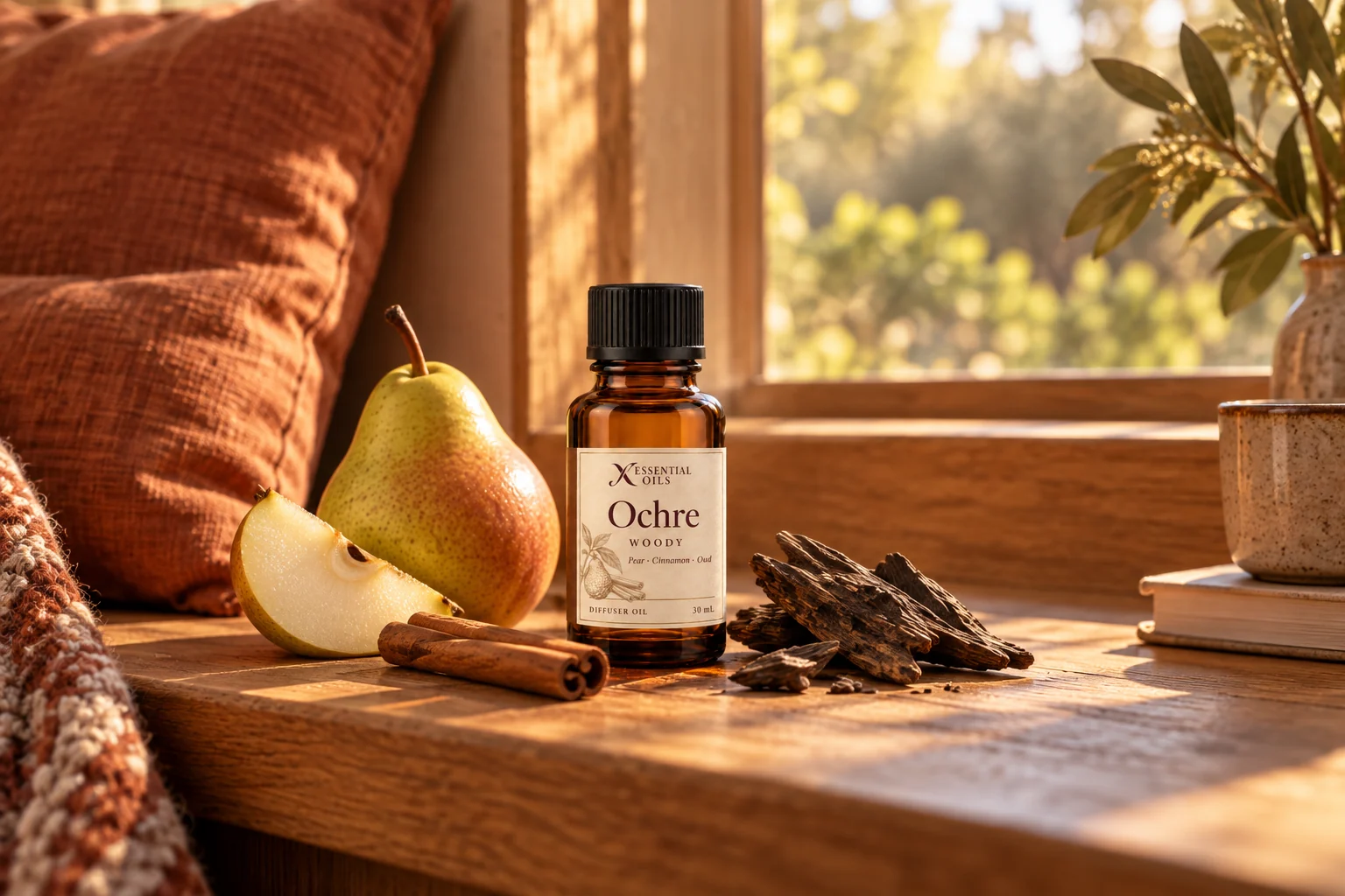 An Ochre bottle with pear, cinnamon and oud wood on a warmly lit window bench.