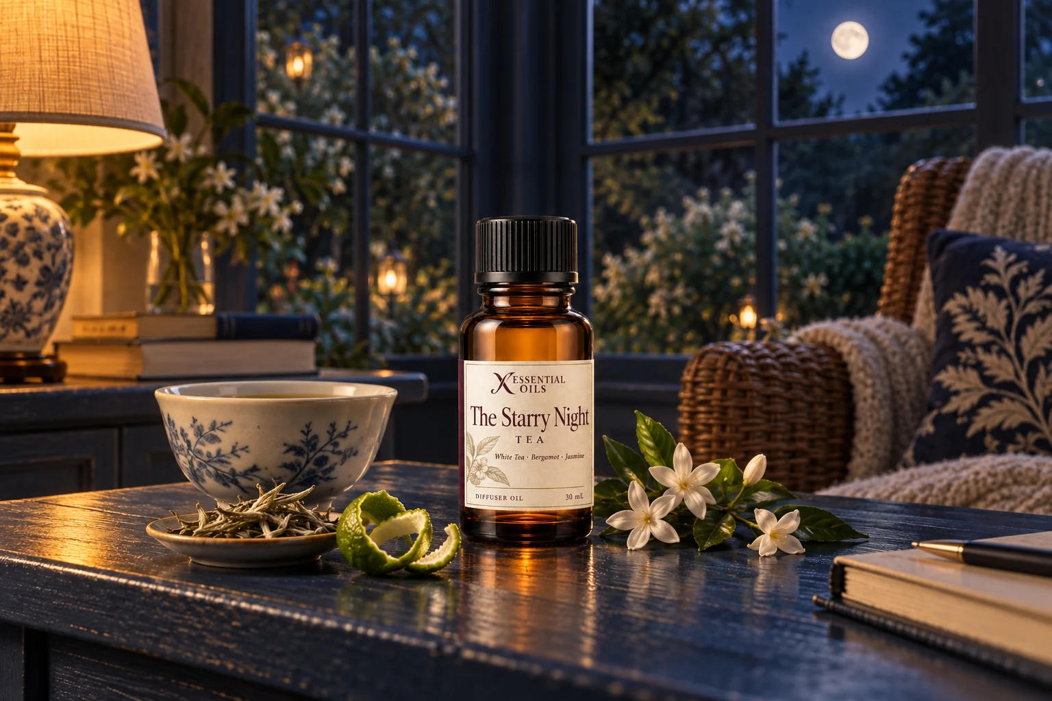 The Starry Night bottle with white tea, bergamot and jasmine in an indigo sunroom.