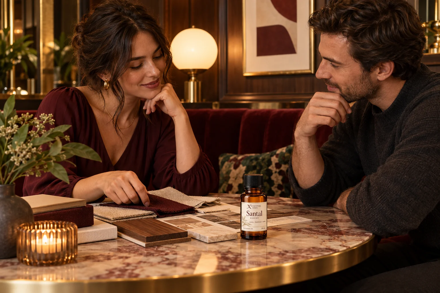 Two people discussing a scent mood board beside a Santal bottle in an intimate restaurant corner.