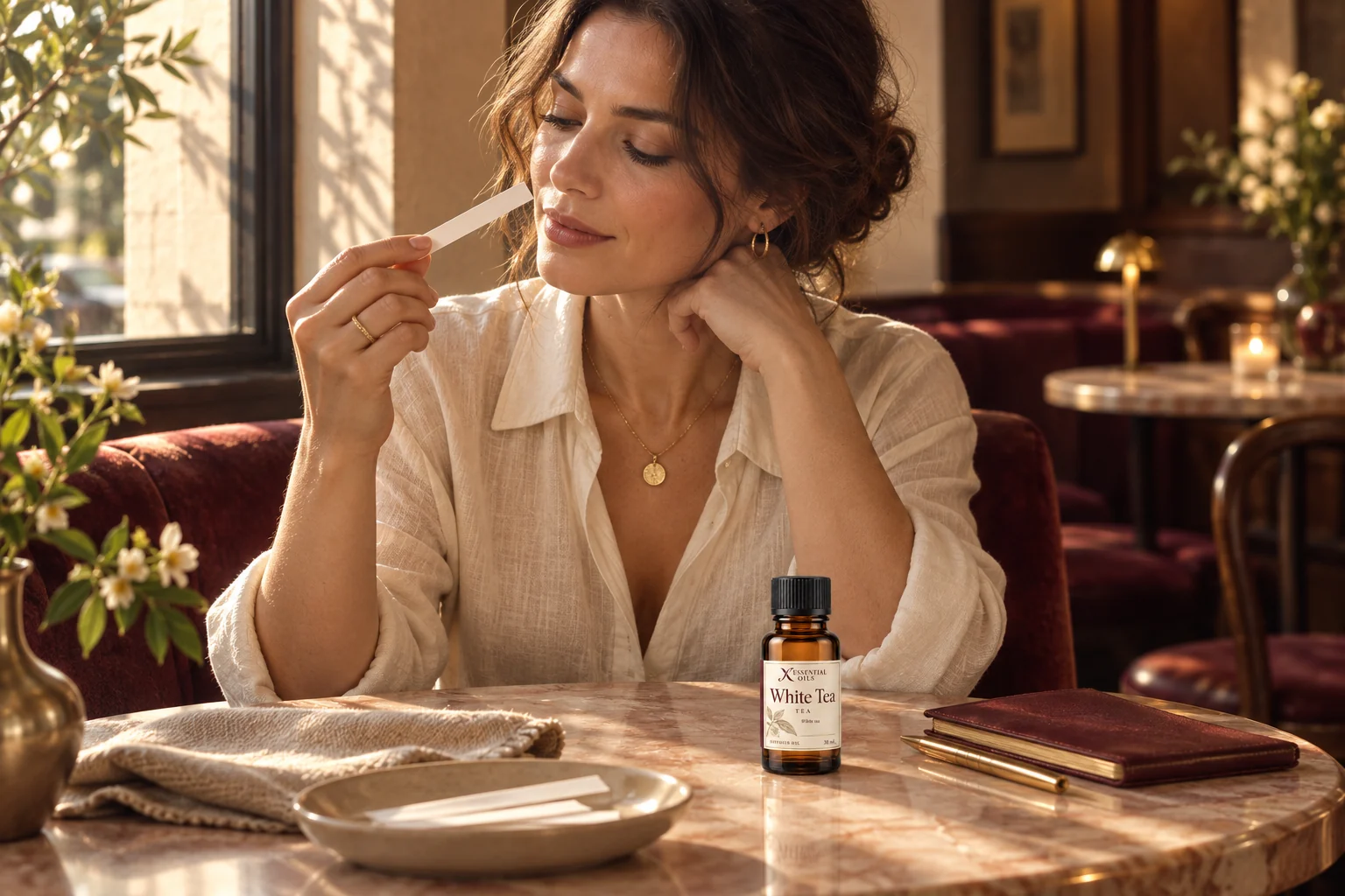 A person exploring a scent blotter beside a labelled White Tea bottle in warm window light.