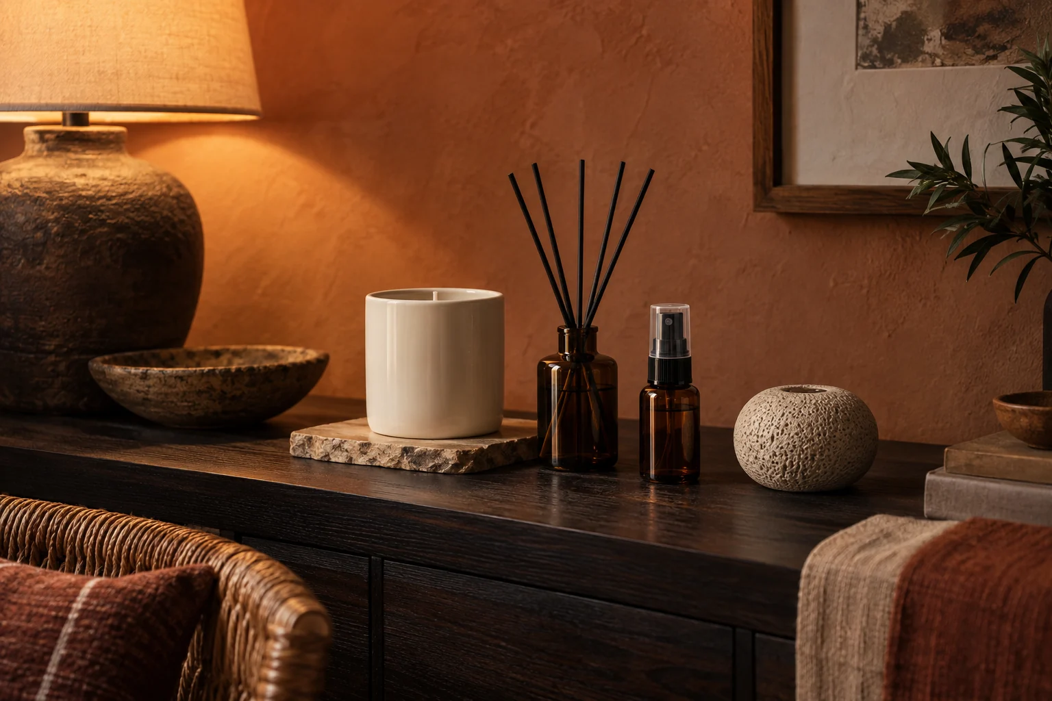 A home fragrance application study with a candle, reeds, spray vessel and ceramic aroma piece.