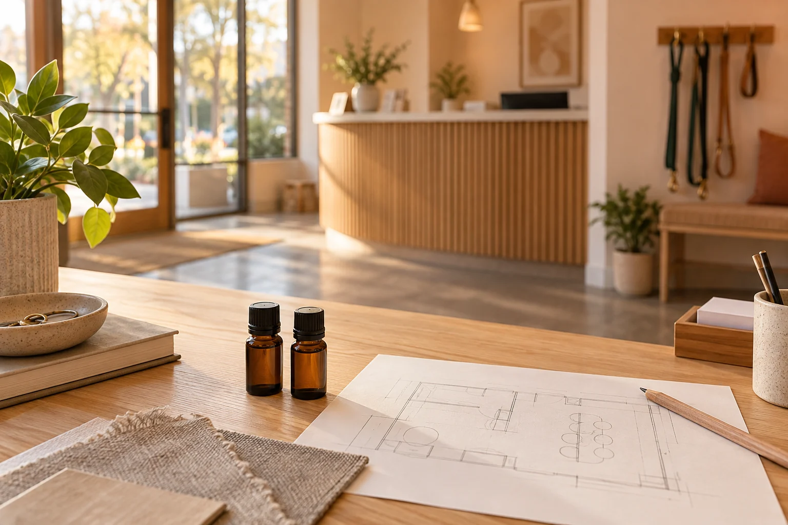 An application-planning table with closed samples and a room plan overlooking an empty pet-care reception.