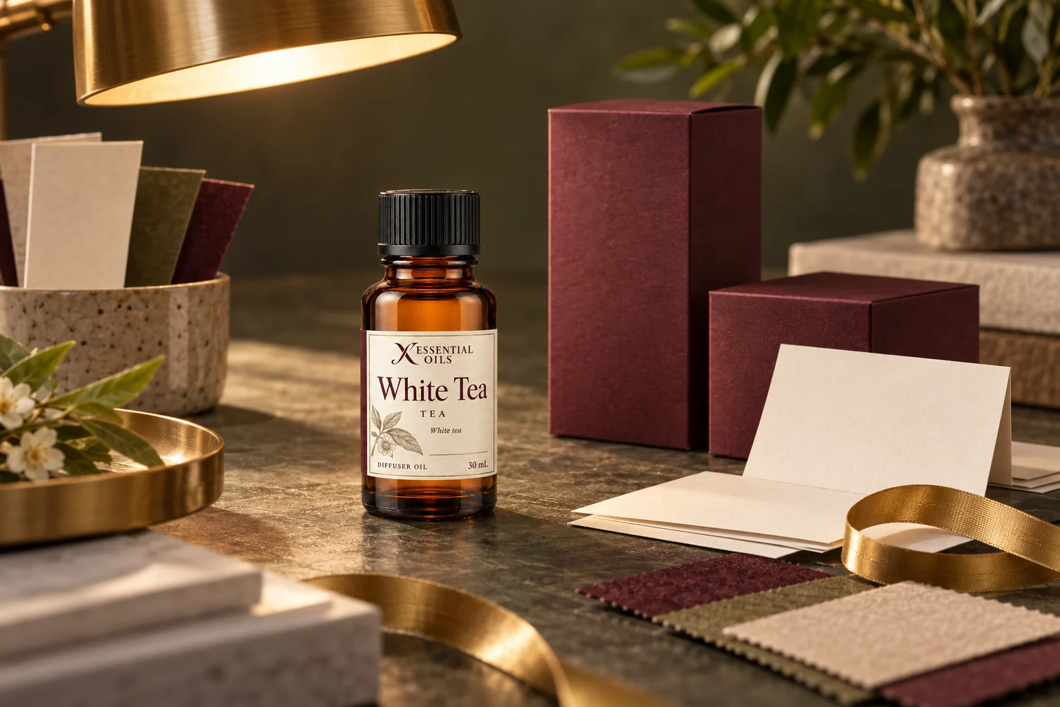 An amber White Tea bottle with ivory label proofs and burgundy packaging samples.