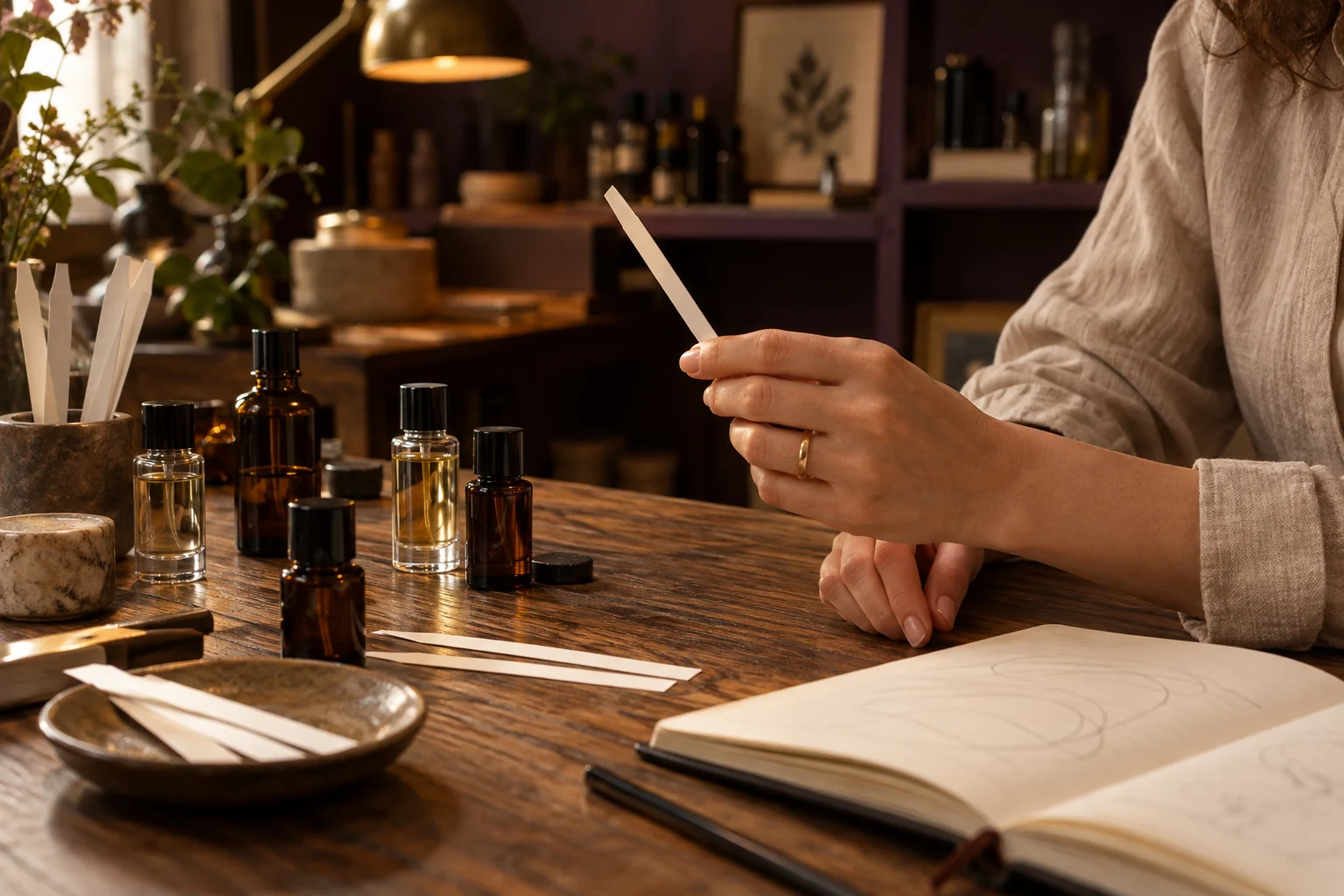 A warm perfume development table with glass samples, scent strips and a notebook.