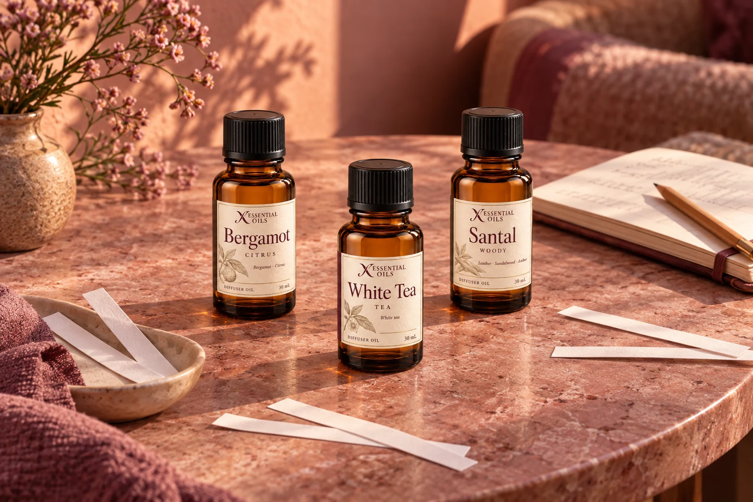 Fragrance bottles, blank blotters and a notebook arranged for a sample conversation.