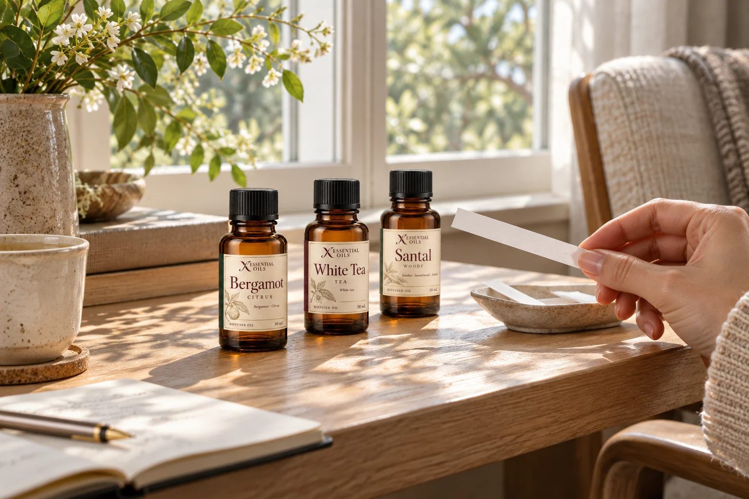 A hand holding a scent blotter beside three X fragrance bottles at a sunlit discovery desk.