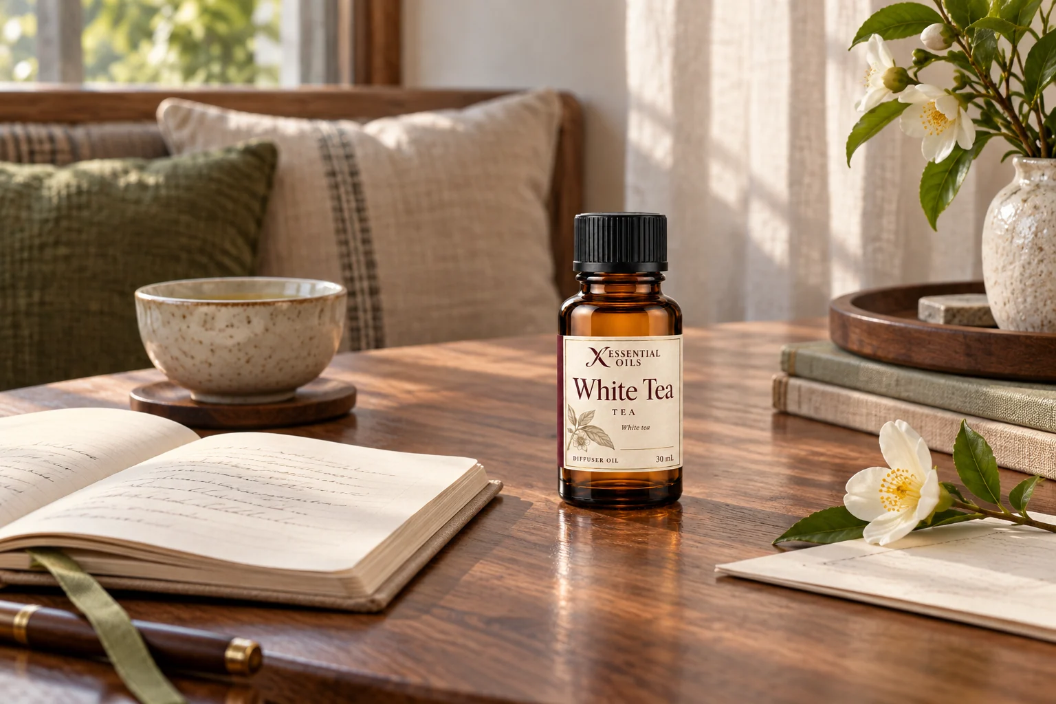 A personal scent journal beside a closed White Tea bottle, a flower and a cup of tea.