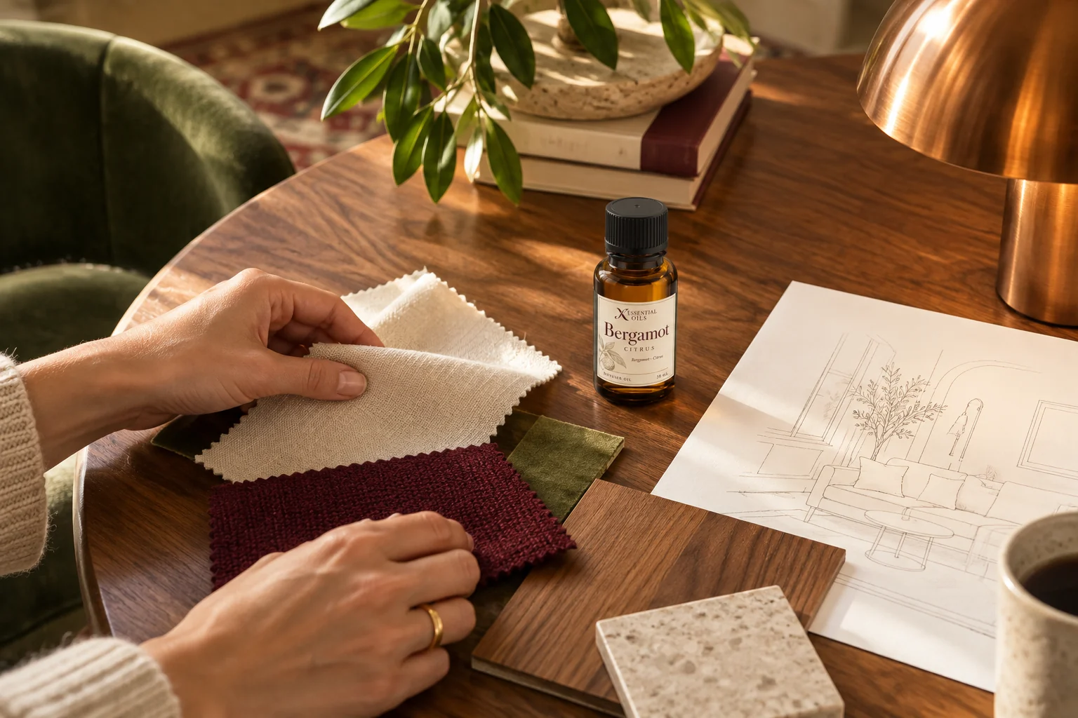 Hands arranging room textures and a mood board beside a labelled Bergamot bottle.