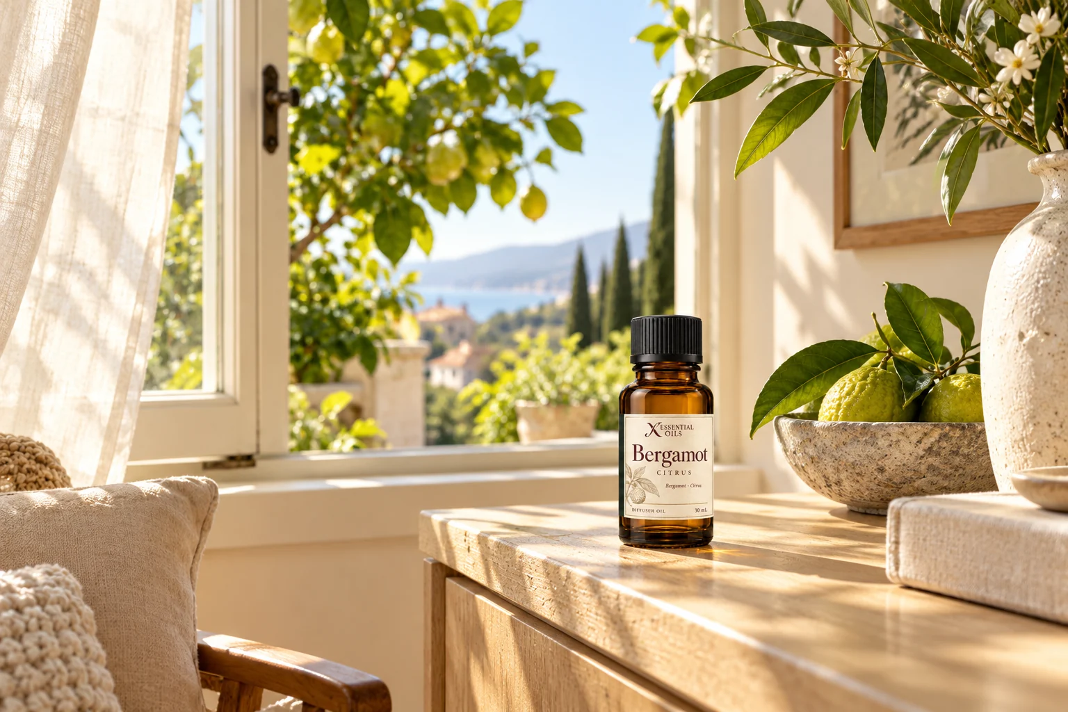 A Bergamot bottle near an open window, billowing curtain and bright garden light.