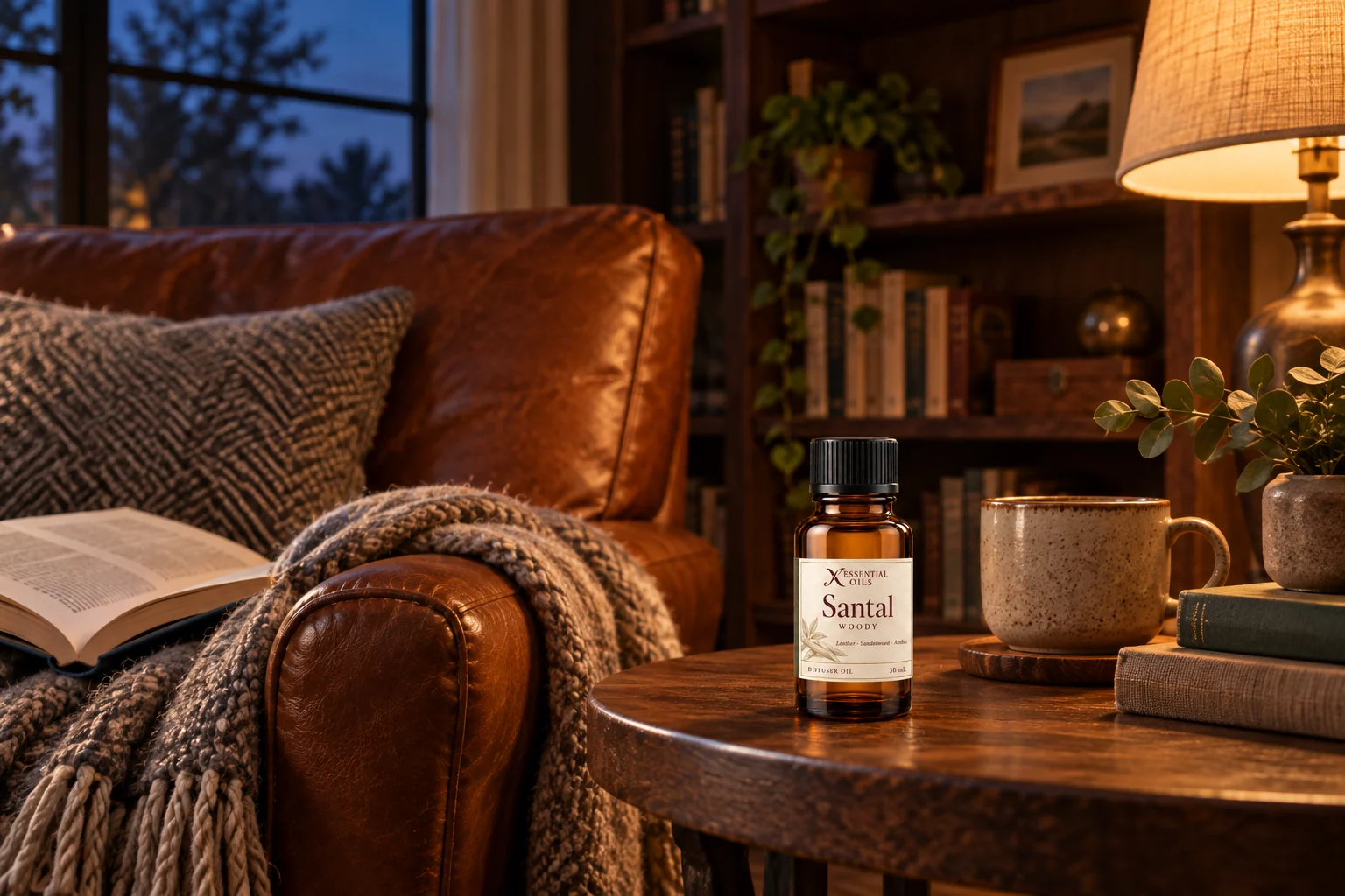 A Santal bottle in a walnut reading corner with a warm lamp and wool blanket at dusk.