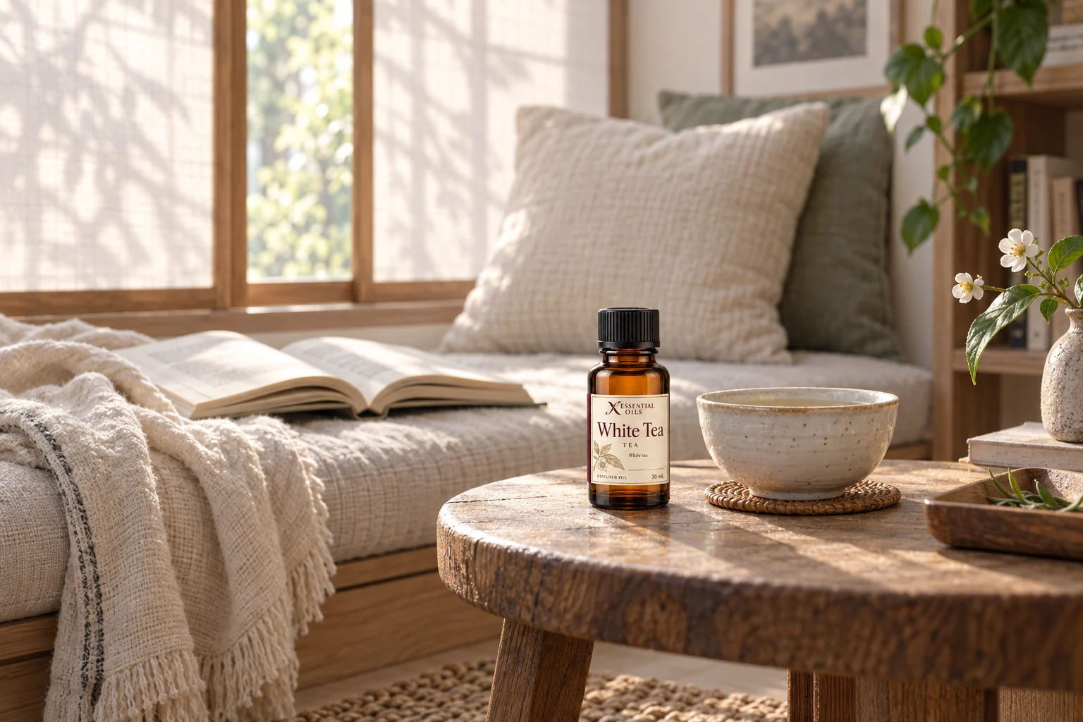 A White Tea bottle beside soft linen, a tea bowl and gentle morning light.