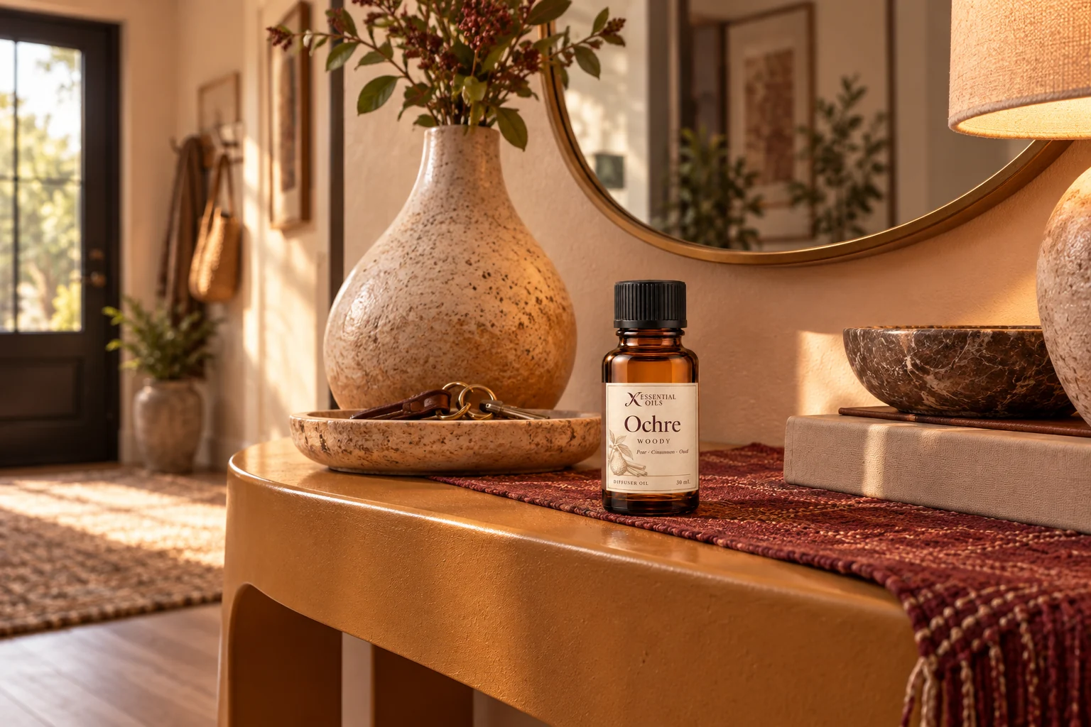 An Ochre bottle on a sculptural console with layered burgundy textiles and a pear-shaped ceramic.