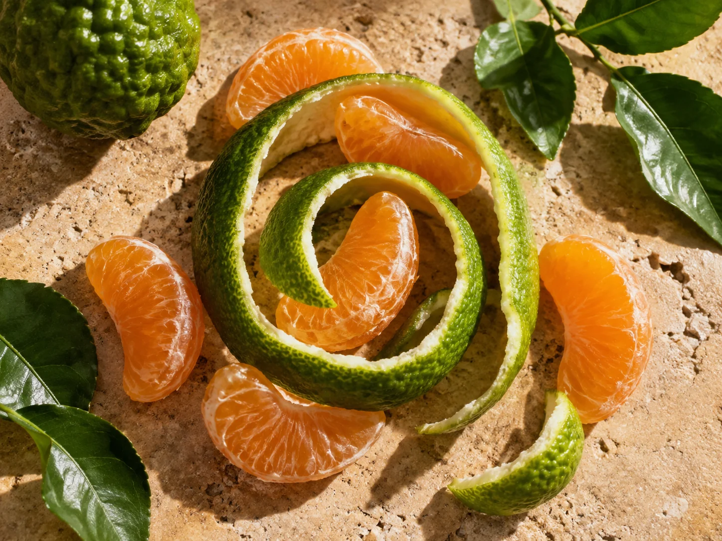 A spiral of green bergamot peel with juicy mandarin segments on ochre stone.