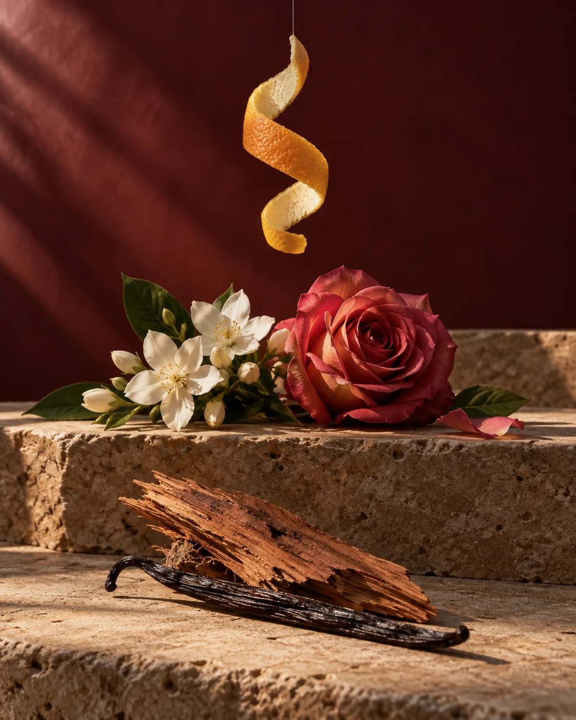 Citrus peel, jasmine and rose, and cedar with vanilla arranged at three heights against a burgundy background.
