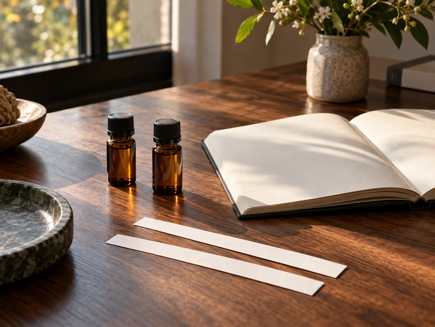 Two capped amber sample vials, blank scent blotters and an open blank notebook on a sunlit walnut table.