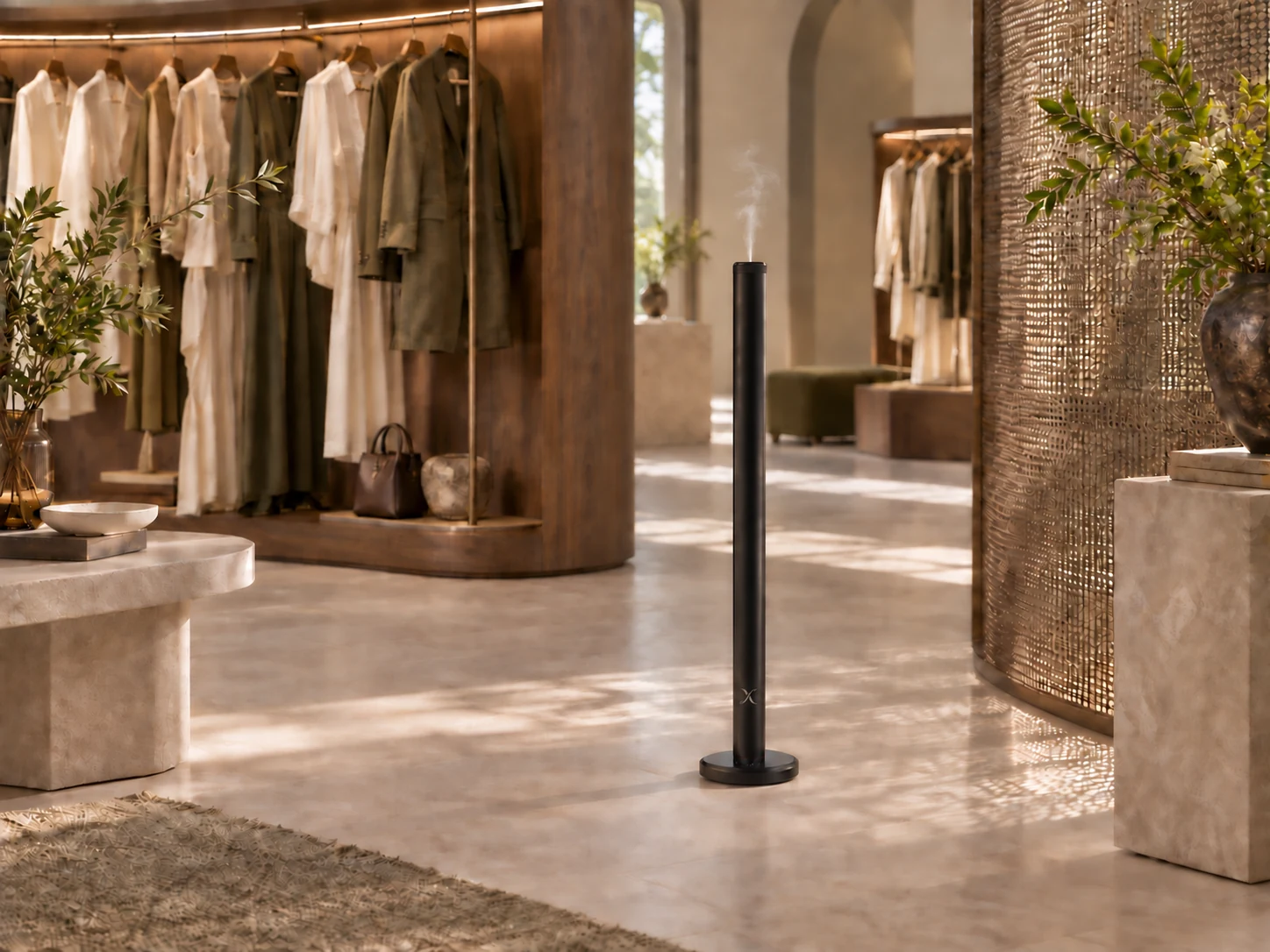 A black X AP40 floor-standing diffuser in an olive and walnut fashion showroom with sculptural clothing rails and bronze mesh