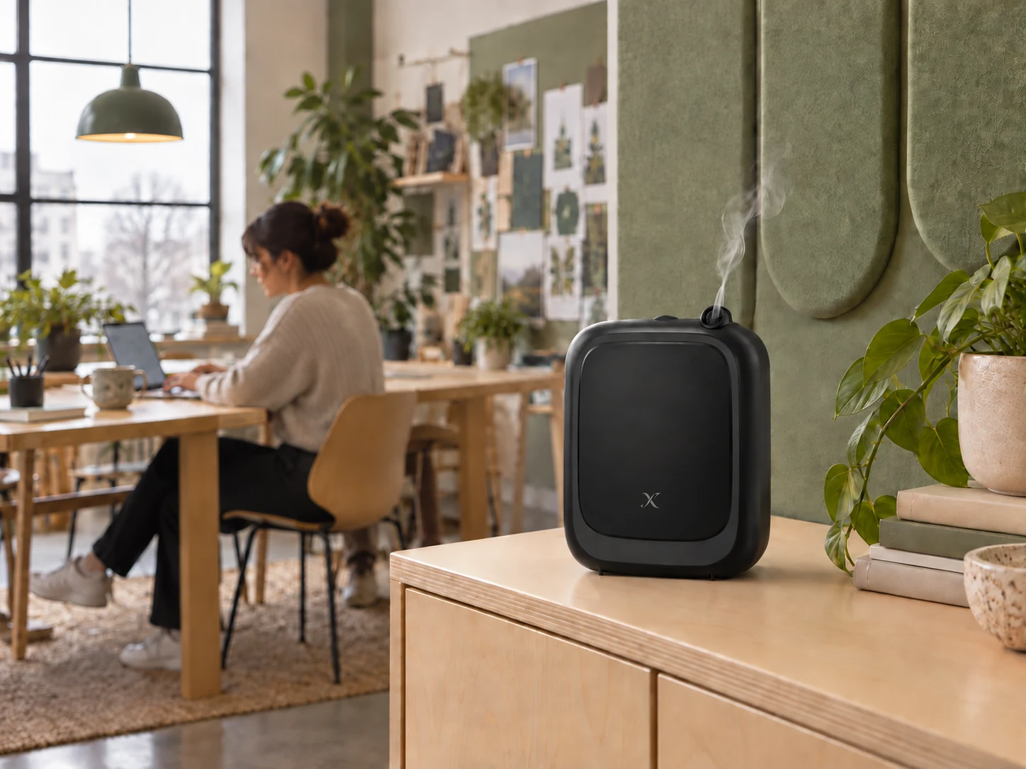 A compact black X EP200 diffuser on a credenza in a bright sage and birch creative studio, with a person working in the background