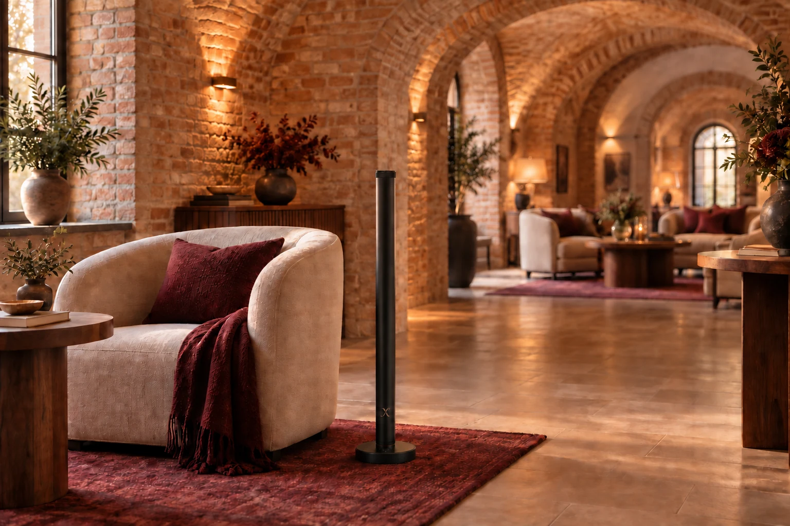 Connected rooms in a brick hotel interior with linen seating and an X AP40 diffuser.