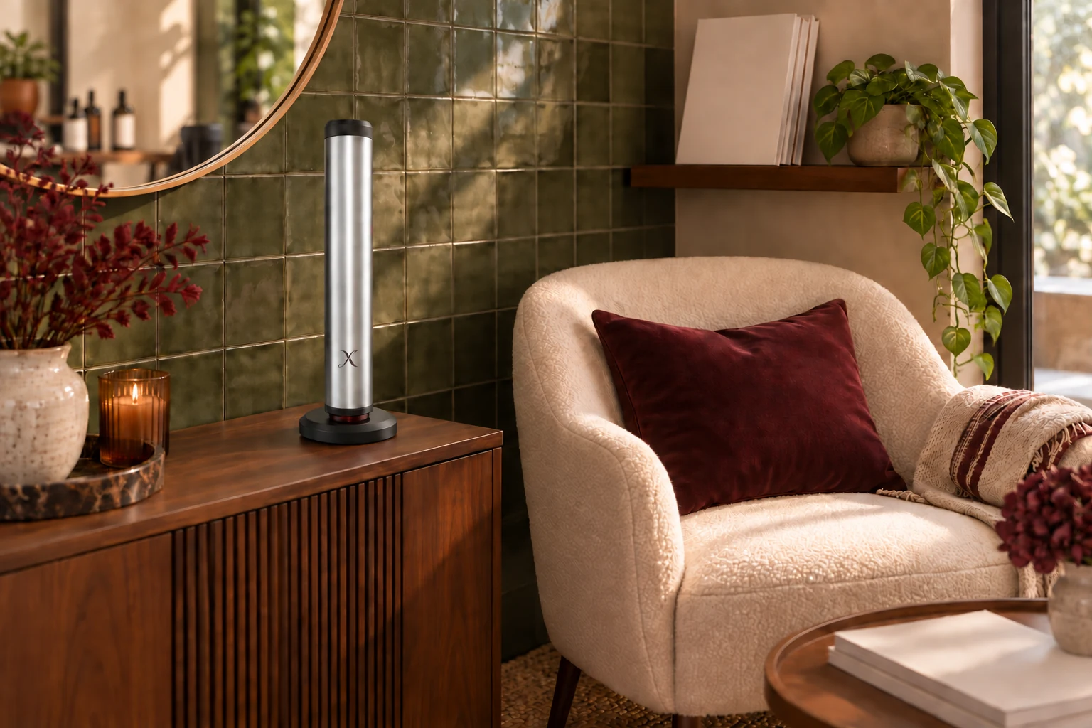 A small salon waiting area with comfortable seating and an X AP30 diffuser.