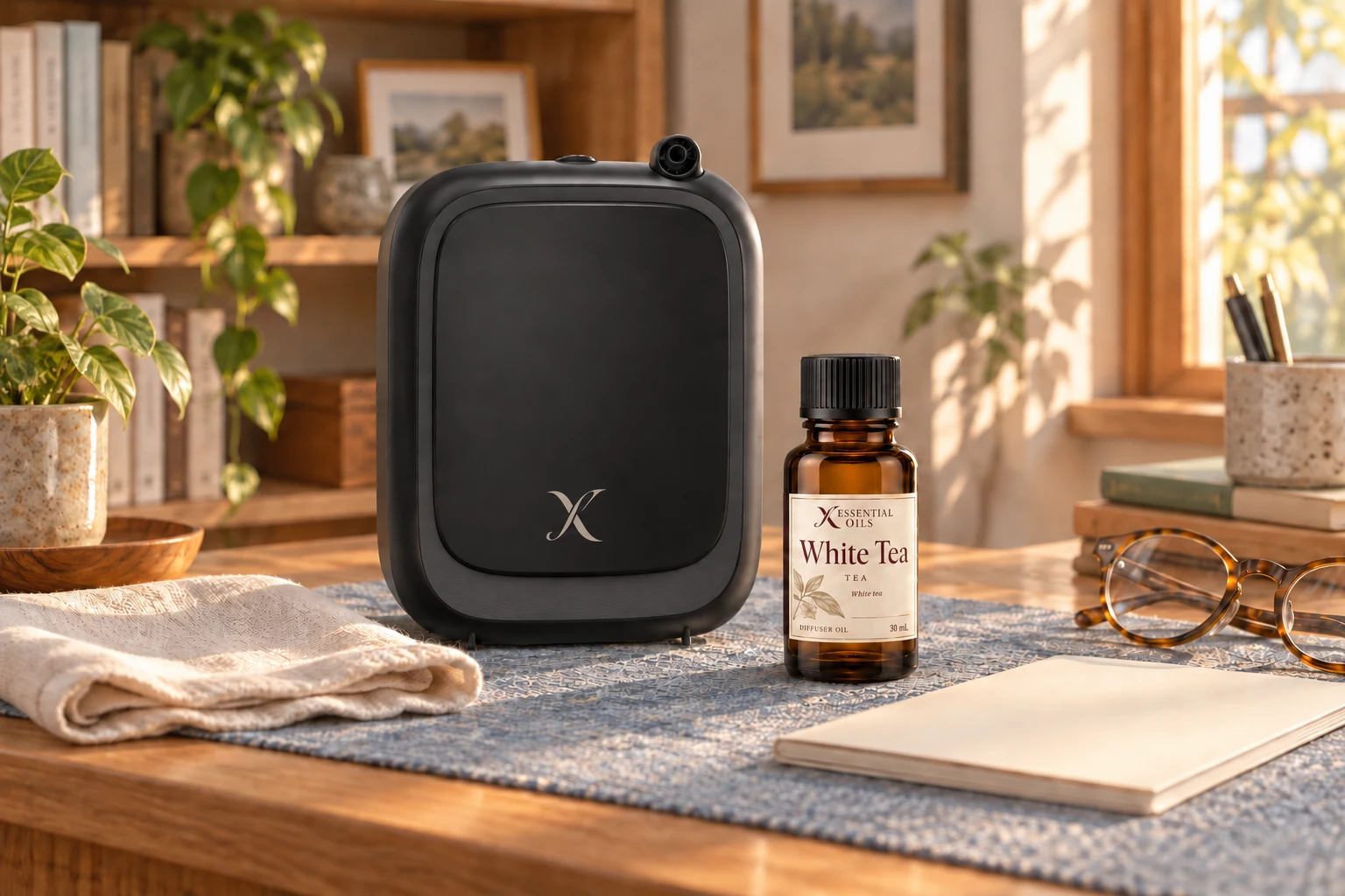 A compact X EP200 diffuser, closed fragrance bottle, cloth and guide arranged on a warm wooden desk.