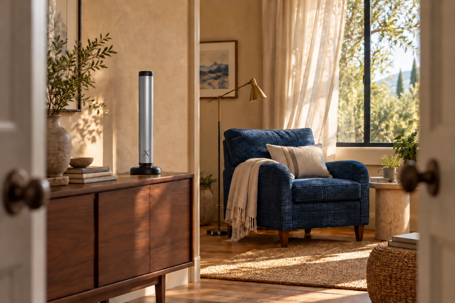 An open doorway frames an airy reading alcove with an X AP30 diffuser and soft curtains.
