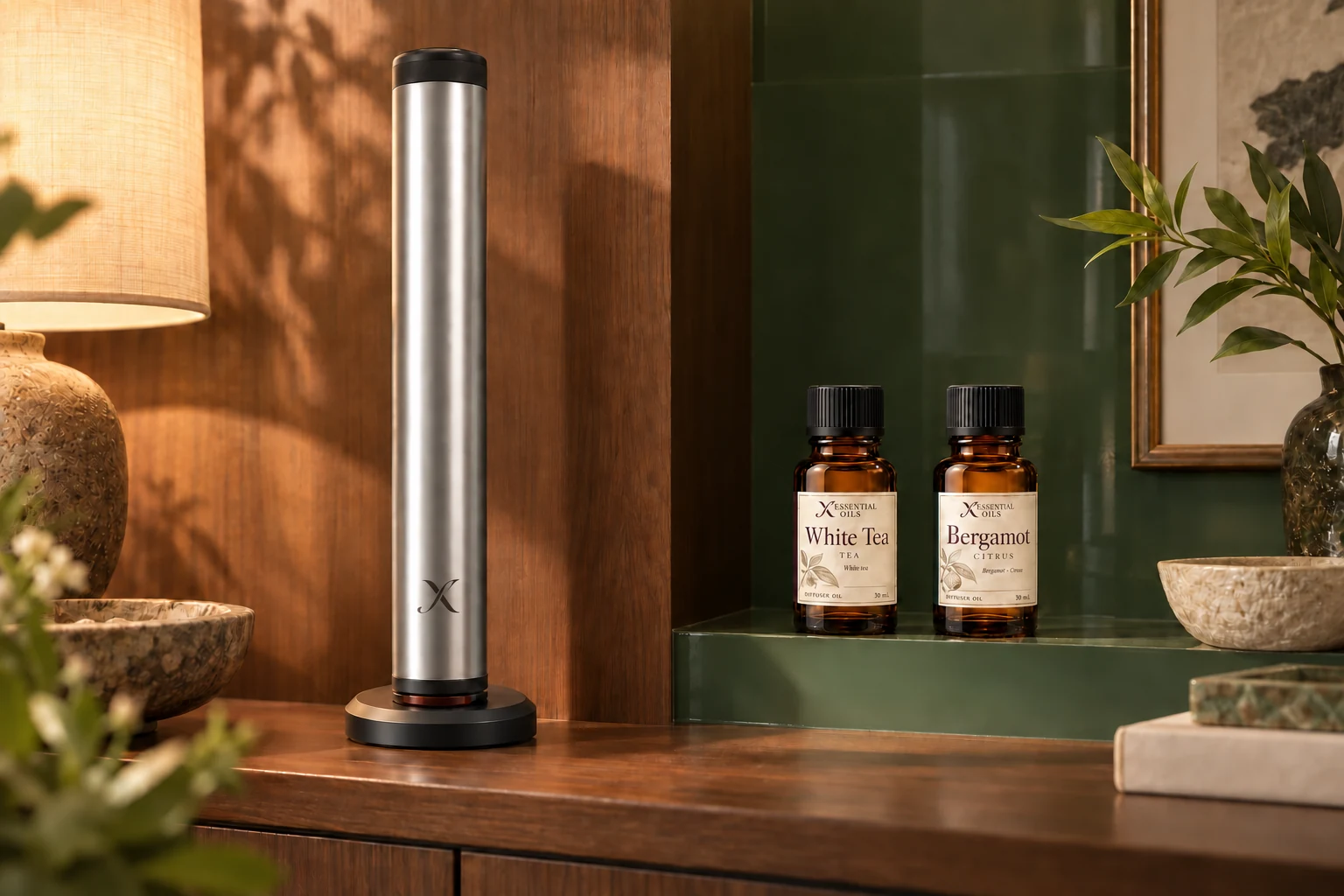 An X AP30 diffuser and labelled White Tea and Bergamot bottles in a warmly lit retail nook.