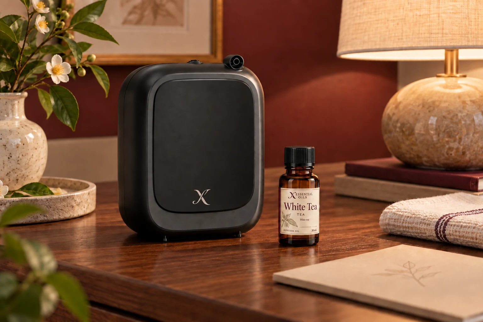 A compact X EP200 diffuser with a closed fragrance bottle, folded cloth and a plain care booklet.