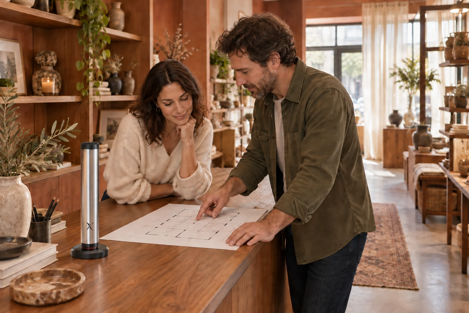 People reviewing a room plan in a welcoming retail space with an X AP30 diffuser.