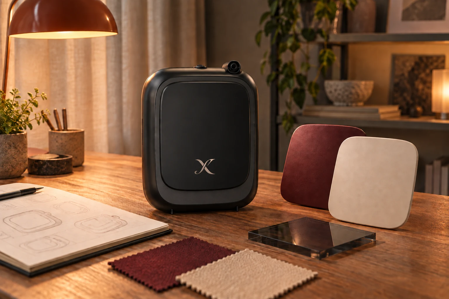 An X EP200 diffuser beside material swatches and design sketches in a cozy studio.