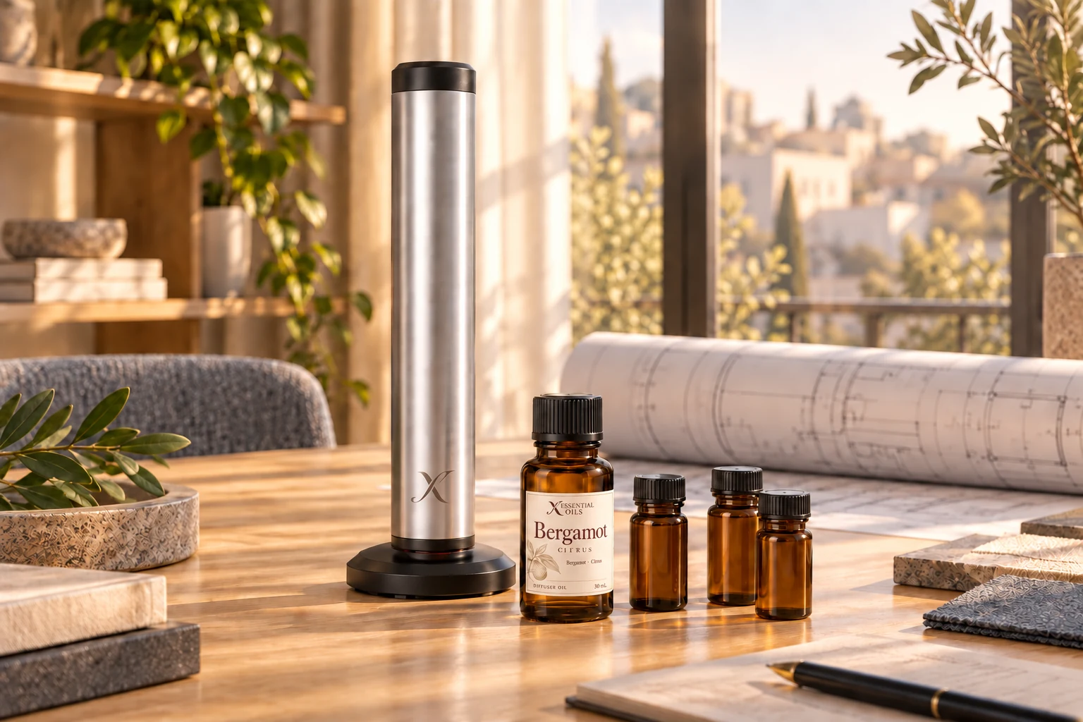An X AP30 diffuser and closed fragrance samples on a warmly lit development desk.