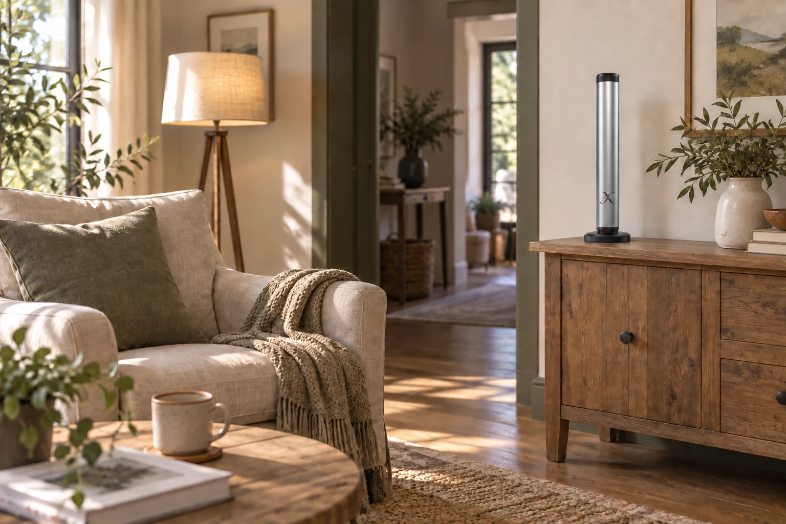 An X AP30 diffuser in a comfortable living room with a reading lamp and open circulation space.