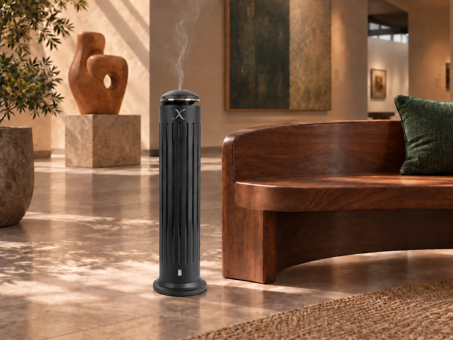 A ribbed black X EP2000 diffuser beside a curved walnut bench, green upholstery and a terracotta sculpture