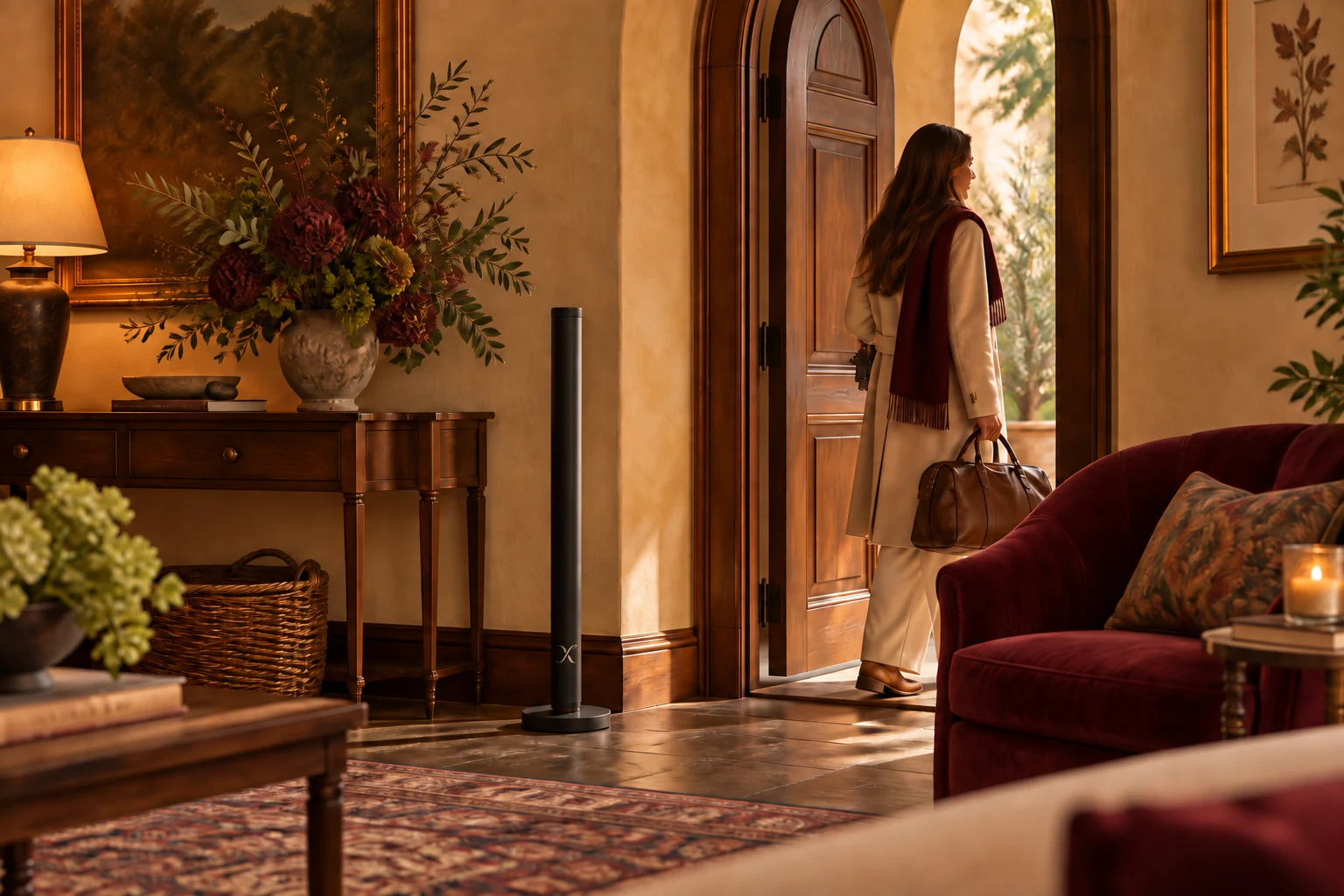 An arriving guest in a warmly lit heritage hotel lounge with an X AP40 floor diffuser.