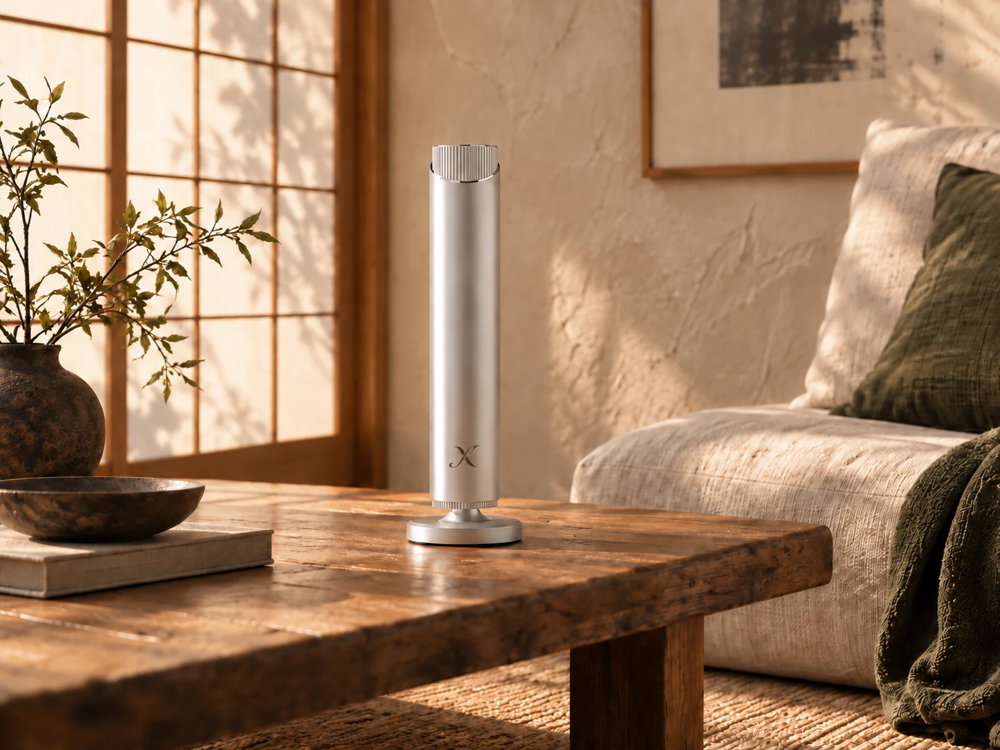 A silver X AP30 diffuser on a timber table beside a cream sofa and softly lit shoji screens