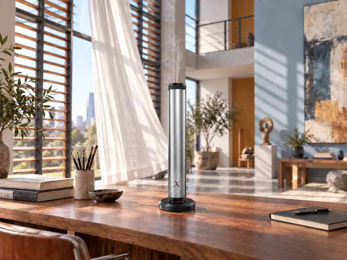 A silver X AP30 diffuser on a walnut desk in a tall airy loft with louvres and a billowing curtain