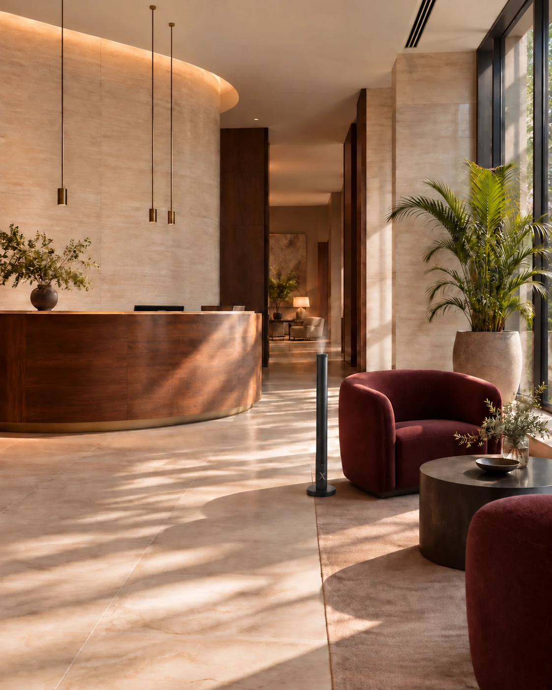 A black X AP40 floor diffuser beside a burgundy lounge chair in a sunlit travertine and walnut hotel reception