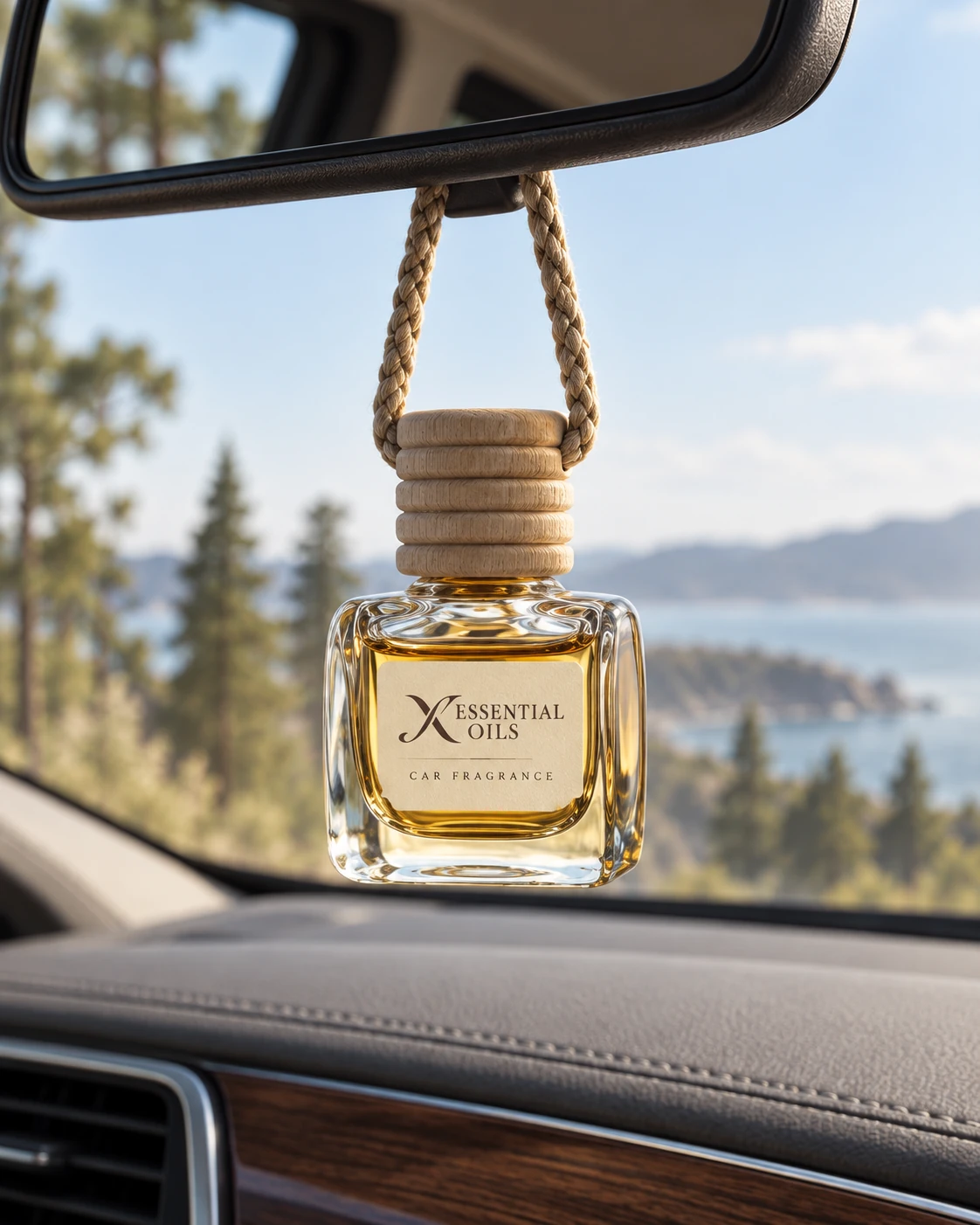Car Glass Pendant Fragrance car fragrance with X Essential Oils branding in a carefully styled setting.