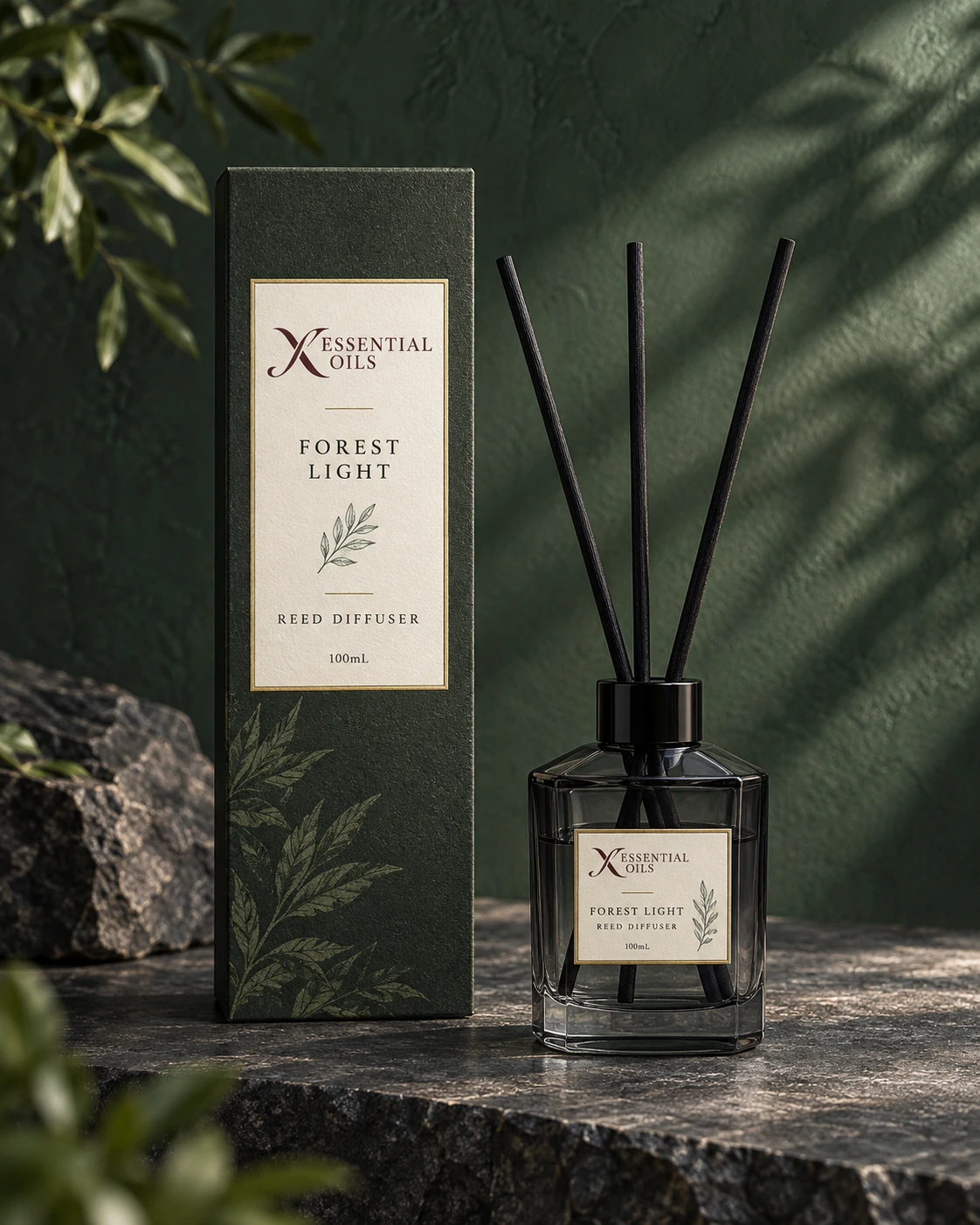Forest Light 100mL reed diffuser with X Essential Oils branding in a carefully styled setting.