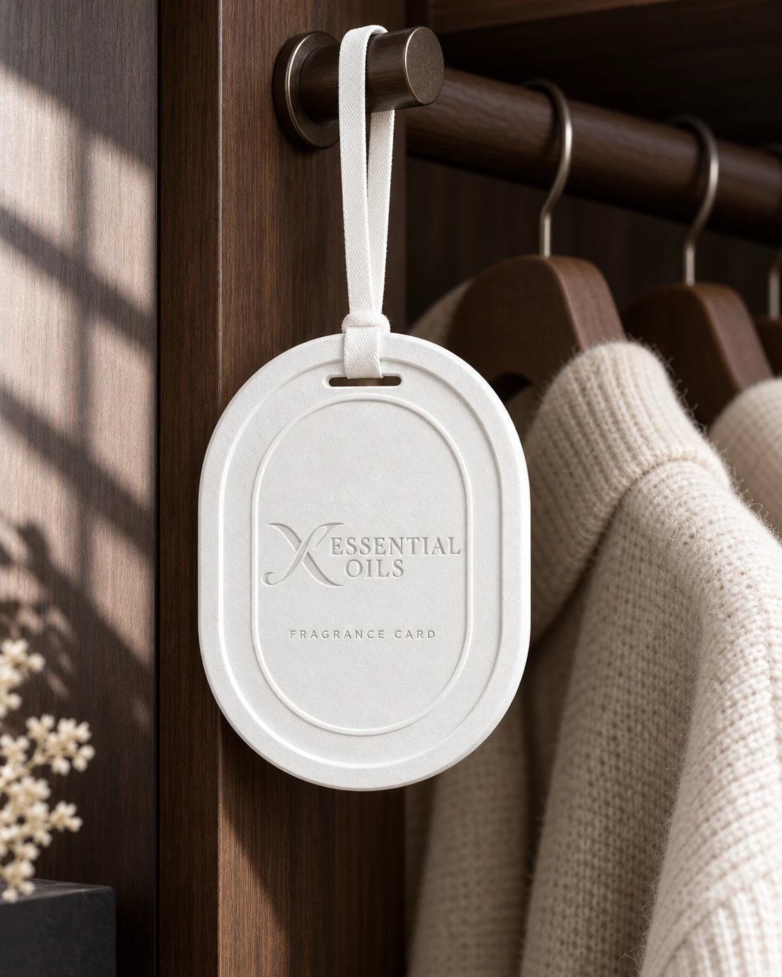 Gypsum Fragrance Card fragrance card with X Essential Oils branding in a carefully styled setting.