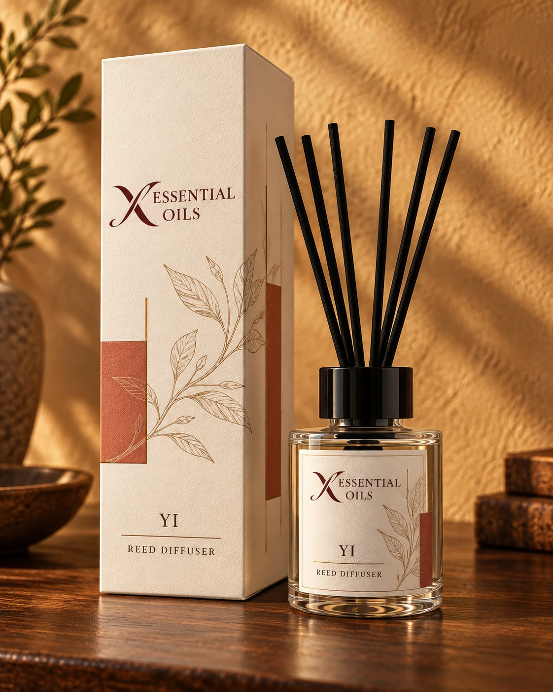 Yi reed diffuser with X Essential Oils branding in a carefully styled setting.