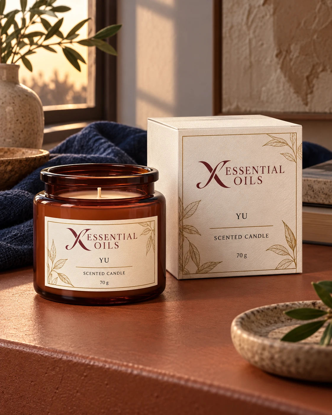 Yu Candle 70g scented candle with X Essential Oils branding in a carefully styled setting.