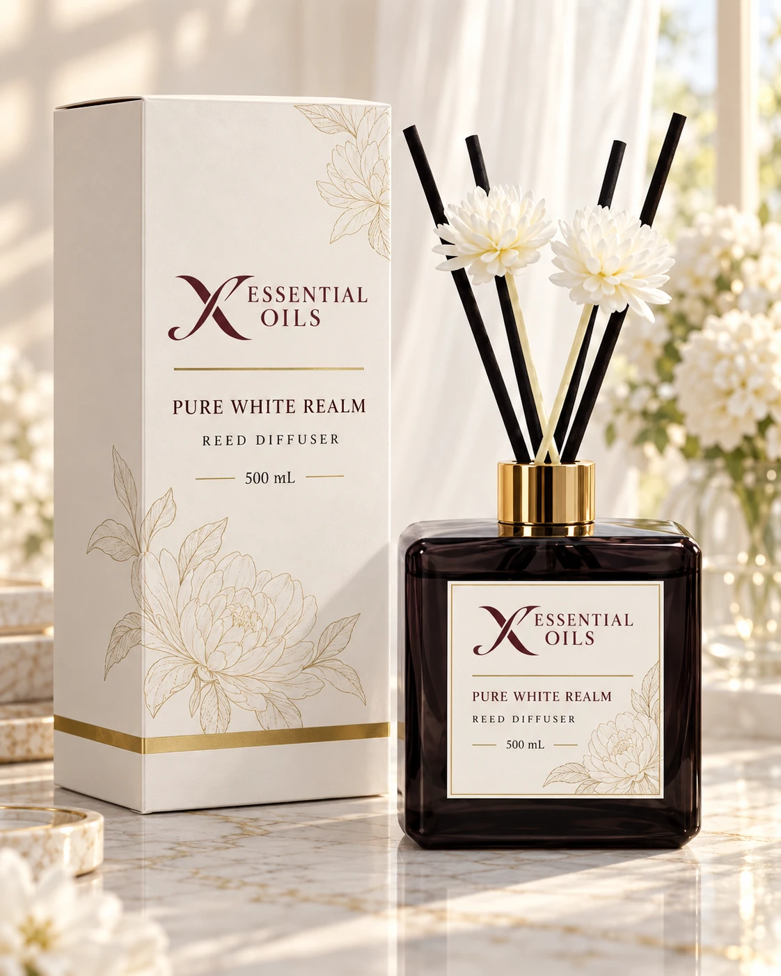 Pure White Realm 500mL reed diffuser with X Essential Oils branding in a carefully styled setting.