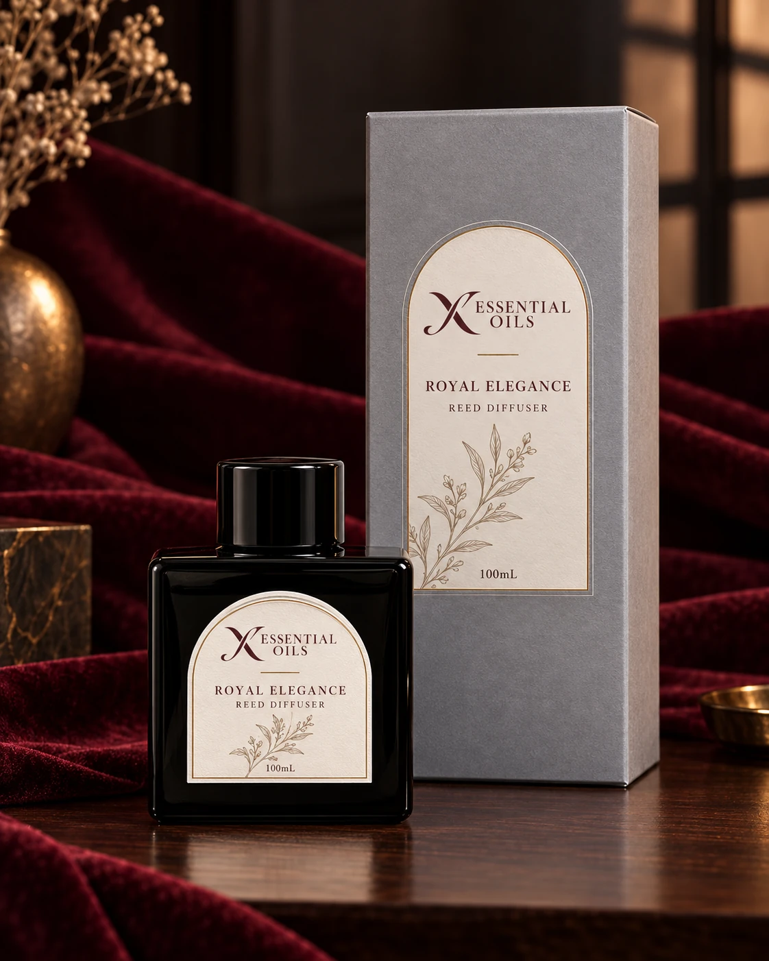 Royal Elegance 100mL reed diffuser with X Essential Oils branding in a carefully styled setting.