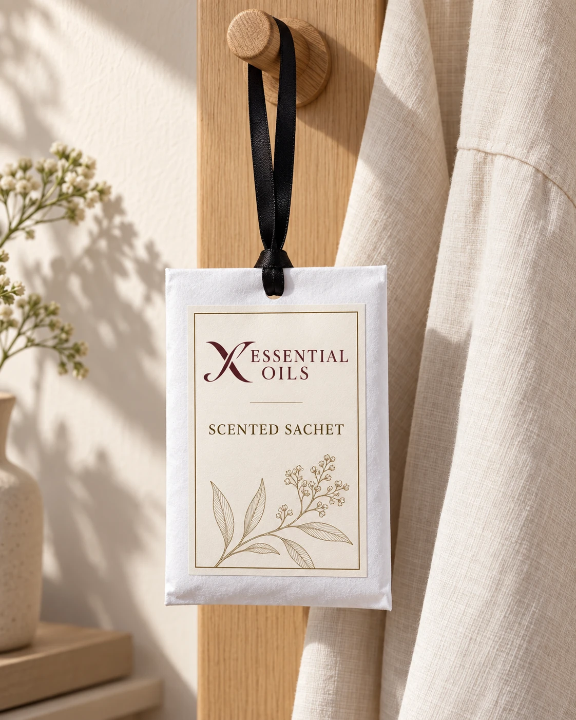 Scented Sachet sachet with X Essential Oils branding in a carefully styled setting.