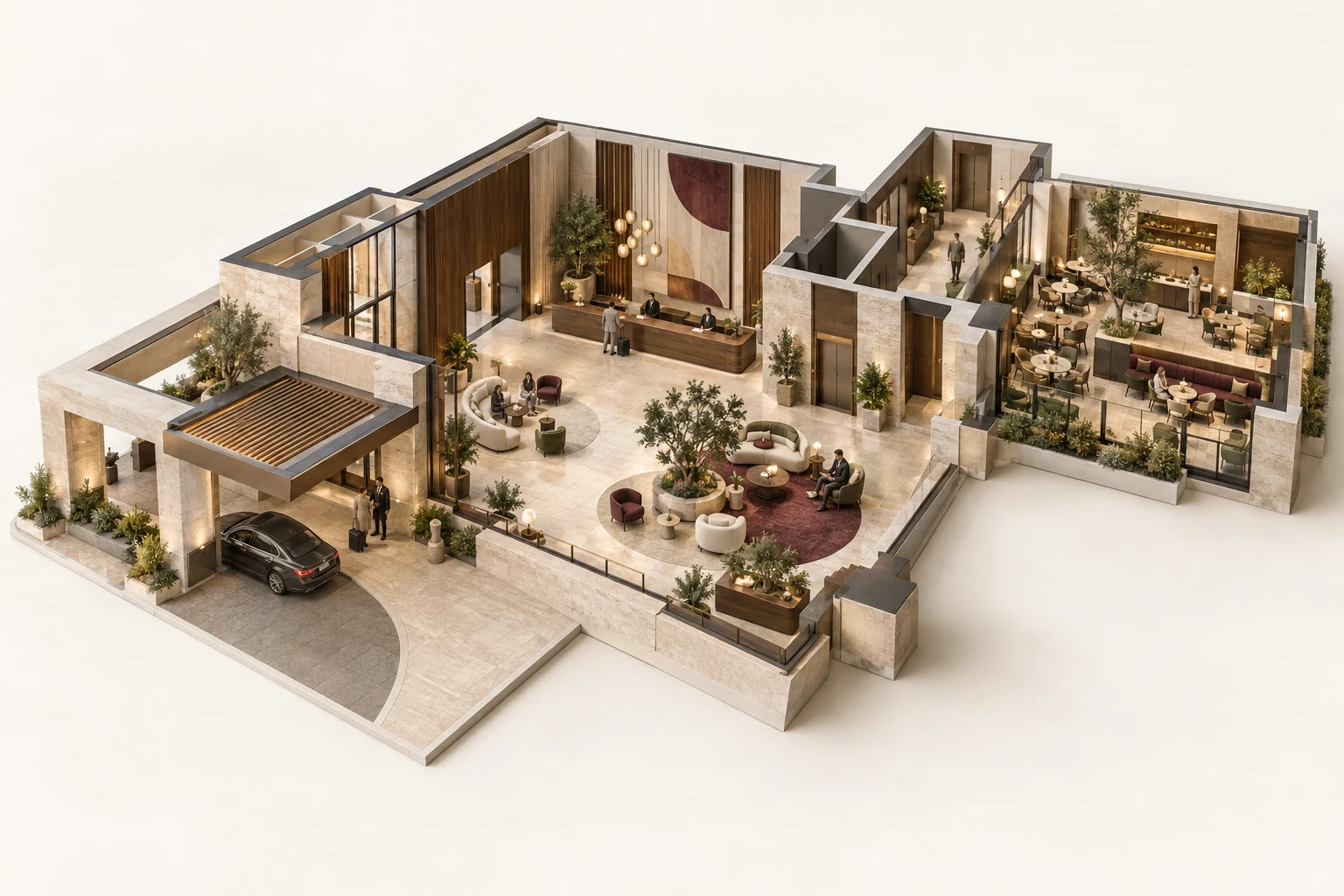 Architectural cutaway concept of a furnished hotel arrival hall, lounge and adjoining hospitality spaces in warm stone and timber