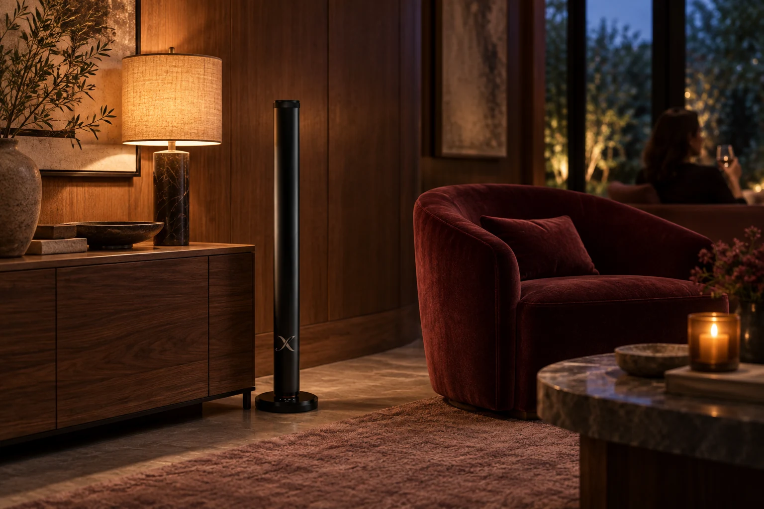 An X AP40 diffuser placed discreetly in an intimate walnut and burgundy hotel guest lounge