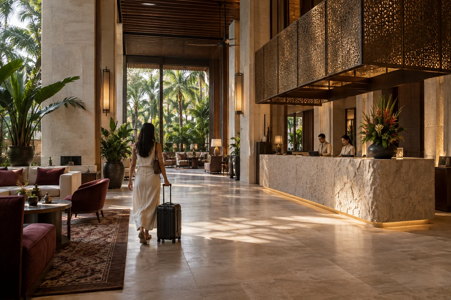 Warm stone and timber hotel arrival hall with tropical planting and guests arriving with luggage