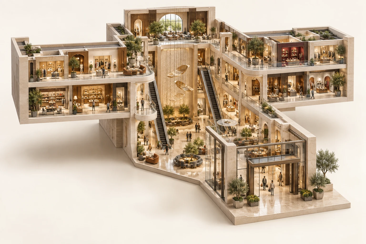 Architectural section concept through a multilevel shopping mall with central atrium, escalators, galleries and planted public seating